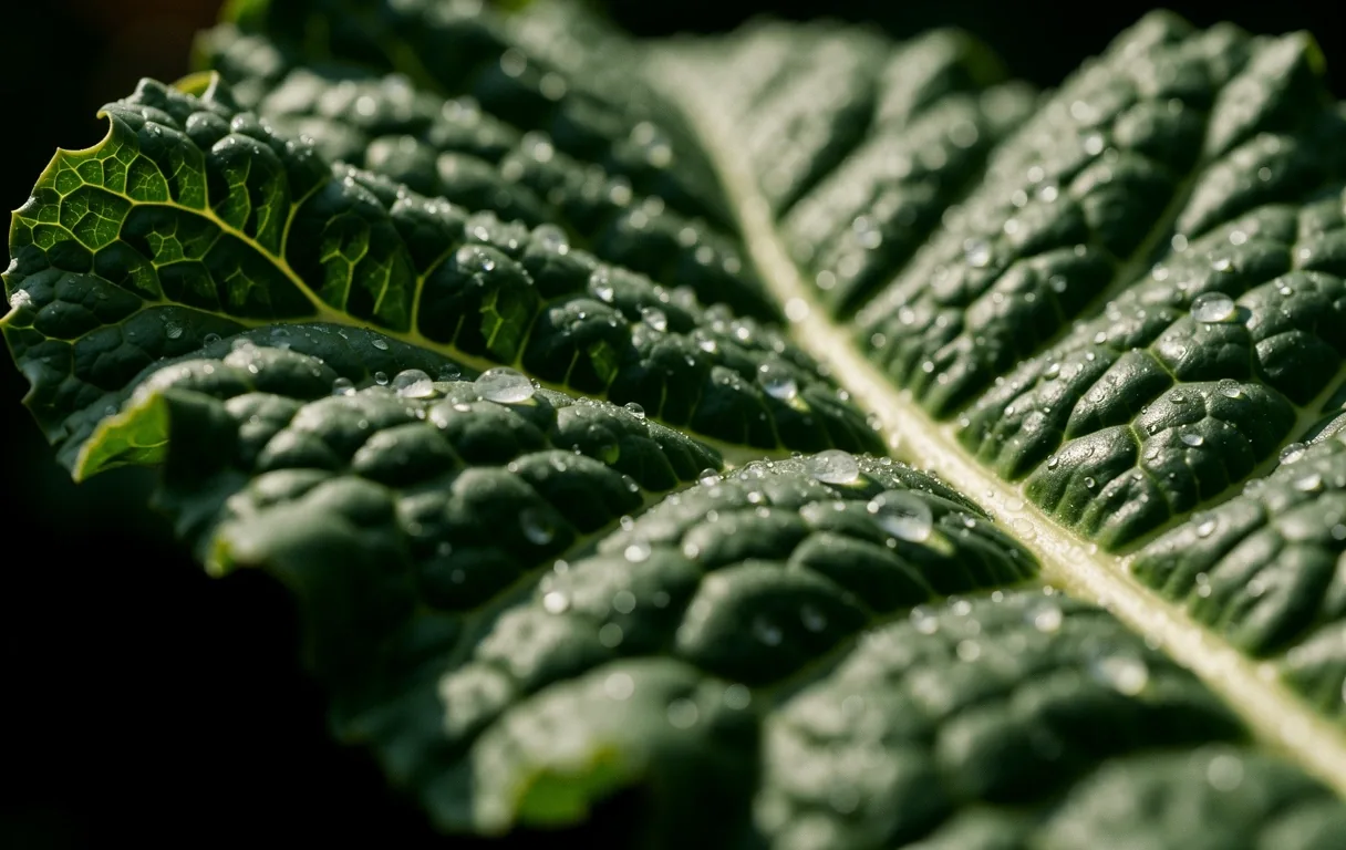 Detalle botánico de una hoja de col rizada